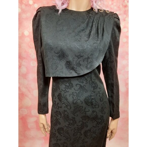 Vintage 80s David Warren Black Jaquard Long Sleeve Dress Size S Midi Sheath - Picture 2 of 12